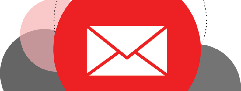 Illustration of email in cloud. White email logo in red circle.