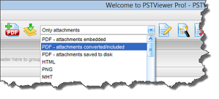 Convert eml and msg files to PDF with Pst Viewer Pro. Screen shot shows drop down menu.