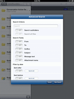 Pst Mail's advanced search feature lets you search Outlook .pst files on iPad
