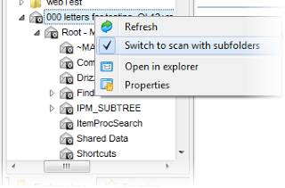 Image shows the effect of right clicking on an Outlook .pst file and choosing "scan with subfolders."