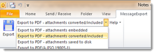Image shows user selecting the PDF export format from the MessageExport drop down list in MS Outlook.
