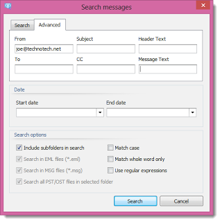 Image shows the advanced search window in Pst Viewer Pro.