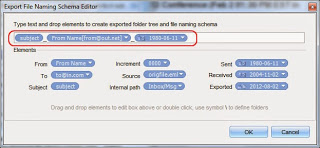 Image shows how to apply a custom naming plan to the exported .tiff email files.