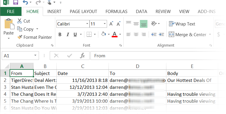 Microsoft Excel 2013 spreadsheet with email data organized into columns.