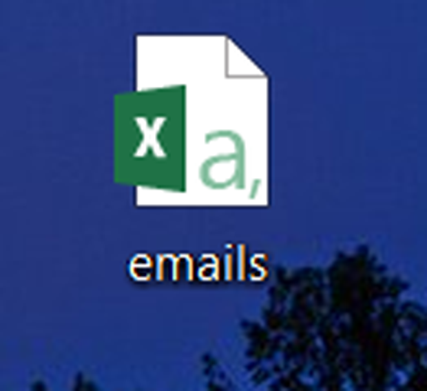 Microsoft Excel document logo on a Windows desktop, with a file named "emails."