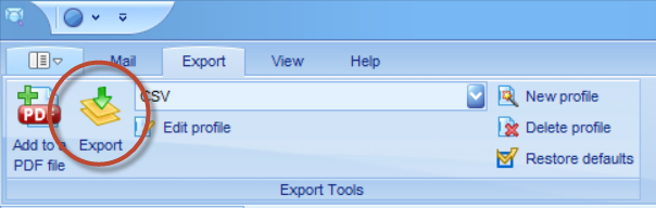PstViewer Pro Export tab with the "Export" button circled.