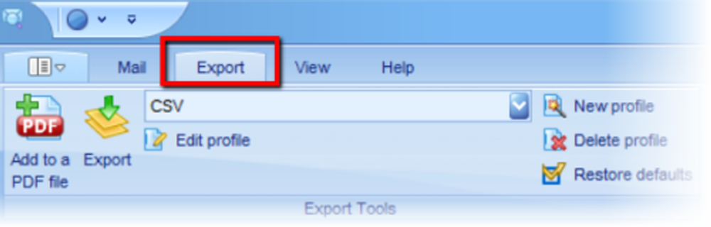 The export tab in PstViewer Pro is where email export formats are selected.