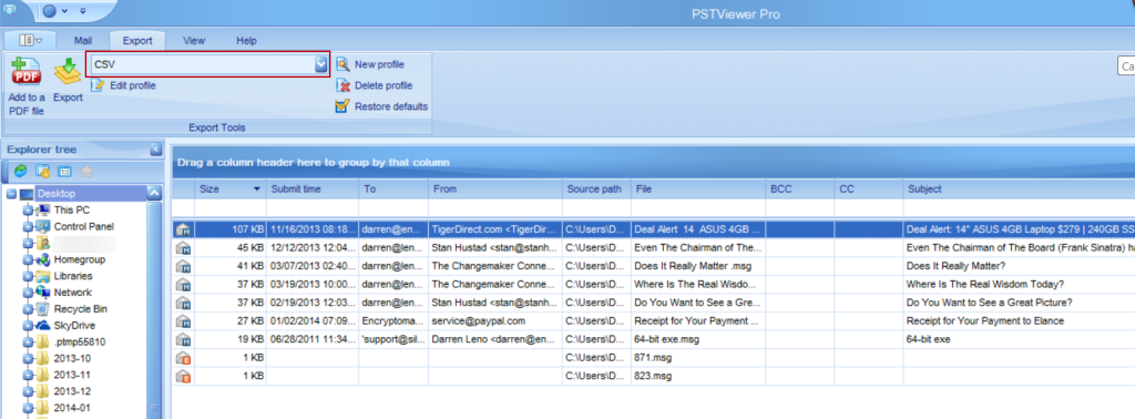 Image shows the PstViewer Pro main software menu with .msg and .eml emails oragnized into a list.