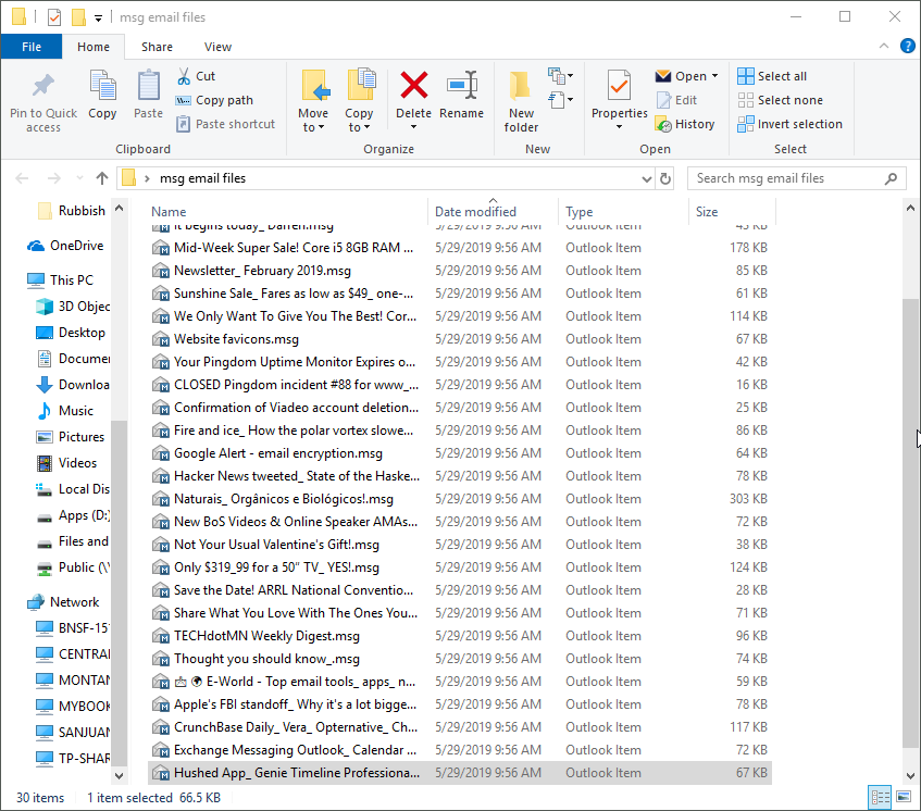 A Windows folder filled with .msg email files.