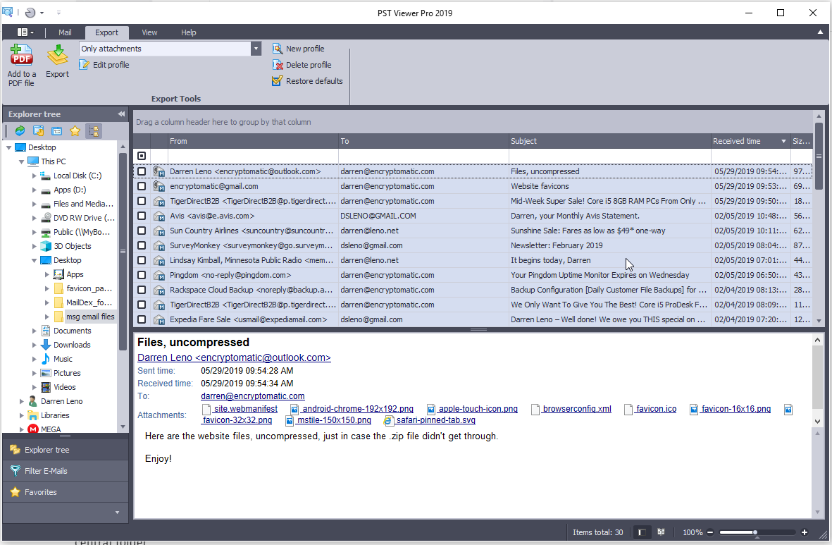 Screen shot of PstViewer Pro software with multiple emails selected for file attachment extraction processing.