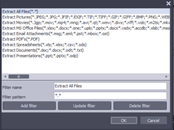 Screen shot of PstViewer Pro showing different file types that can be bulk extracted from Outlook pst ost files.
