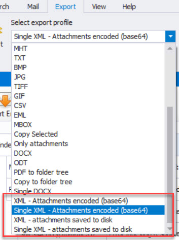 screen image of XML export profiles.