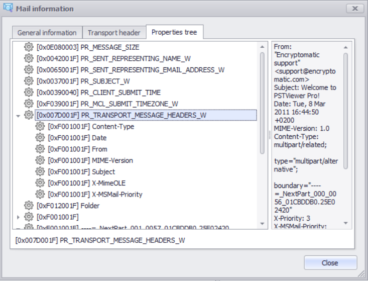 Email meta properties displayed in PstViewer Pro email viewer.