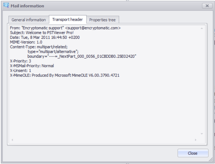 PstViewer Pro email viewer screen image showing the email transport header.