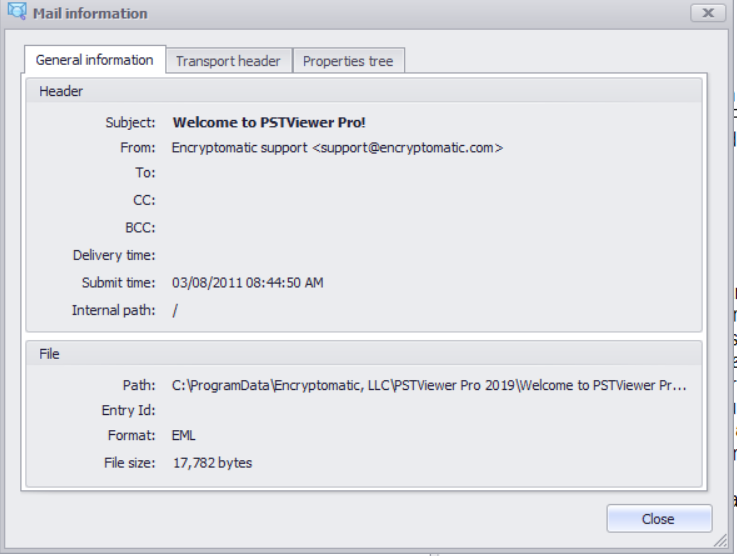 Screen image showing General Information about an email message in PstViewer Pro software.