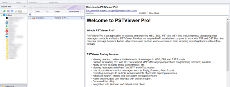 PstViewer Pro viewing pane lets you customize the layout.