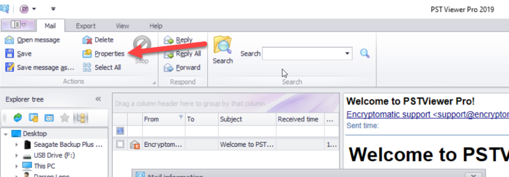 Screen image of PstViewer Pro email viewer showing the location of the Properties feature on the Mail tab.