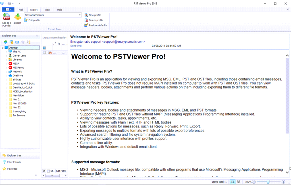 PstViewer Pro email file extraction software software main page, showing message "Welcome to PstViewer Pro!"