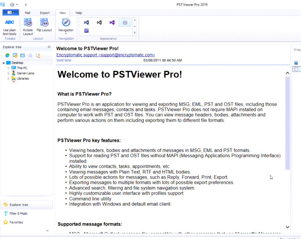 PstViewer Pro main screen showing the software welcome screen: "Welcome to PstViewer Pro"