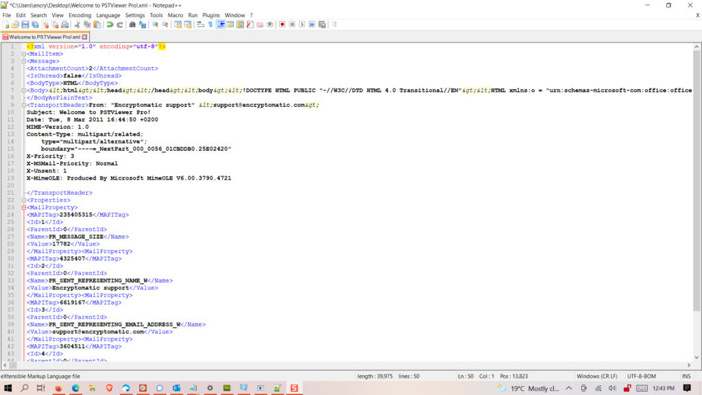 Image shows an email that has been converted to an XML file. Text between properties.