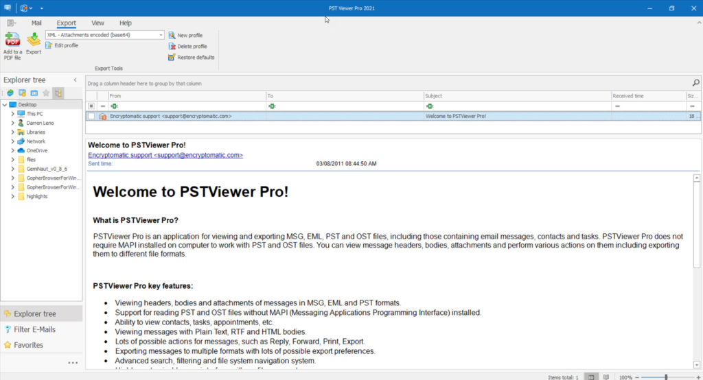 PstViewer Pro email viewer main menu.