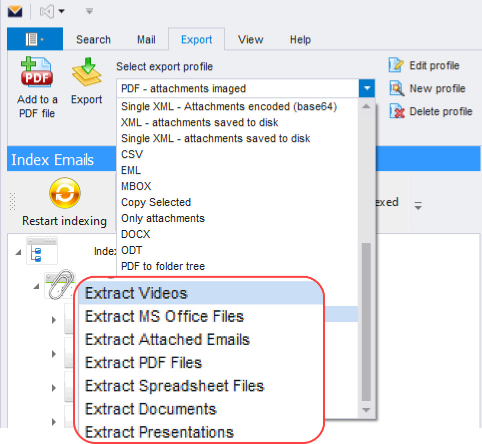 A screen image of MailDex email viewer. The export menu is shown in a drop down list where the options enable the user to bulk extract specific kinds of files from emails, including videos, MS Office files, attached emails, pdf files, spreadsheet files, documents and presentations.