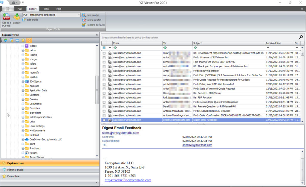 Screen image of Pst Viewer Pro email viewer showing folders in left hand pane, a list of emails in upper right pane, and a preview of the selected email in the lower right pane.