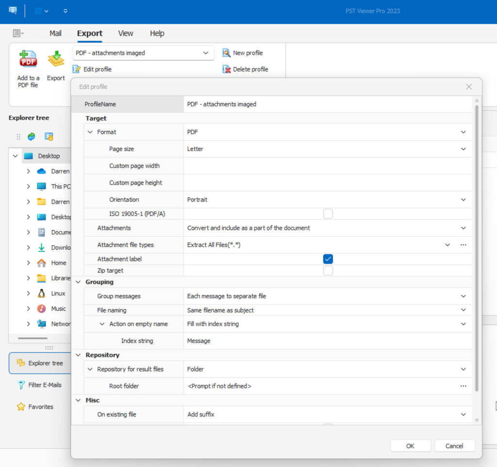 A screen shot of Pst Viewer Pro by Encryptomatic LLC, showing the Export tab, and the various settings for configuring converted email output for PDF.